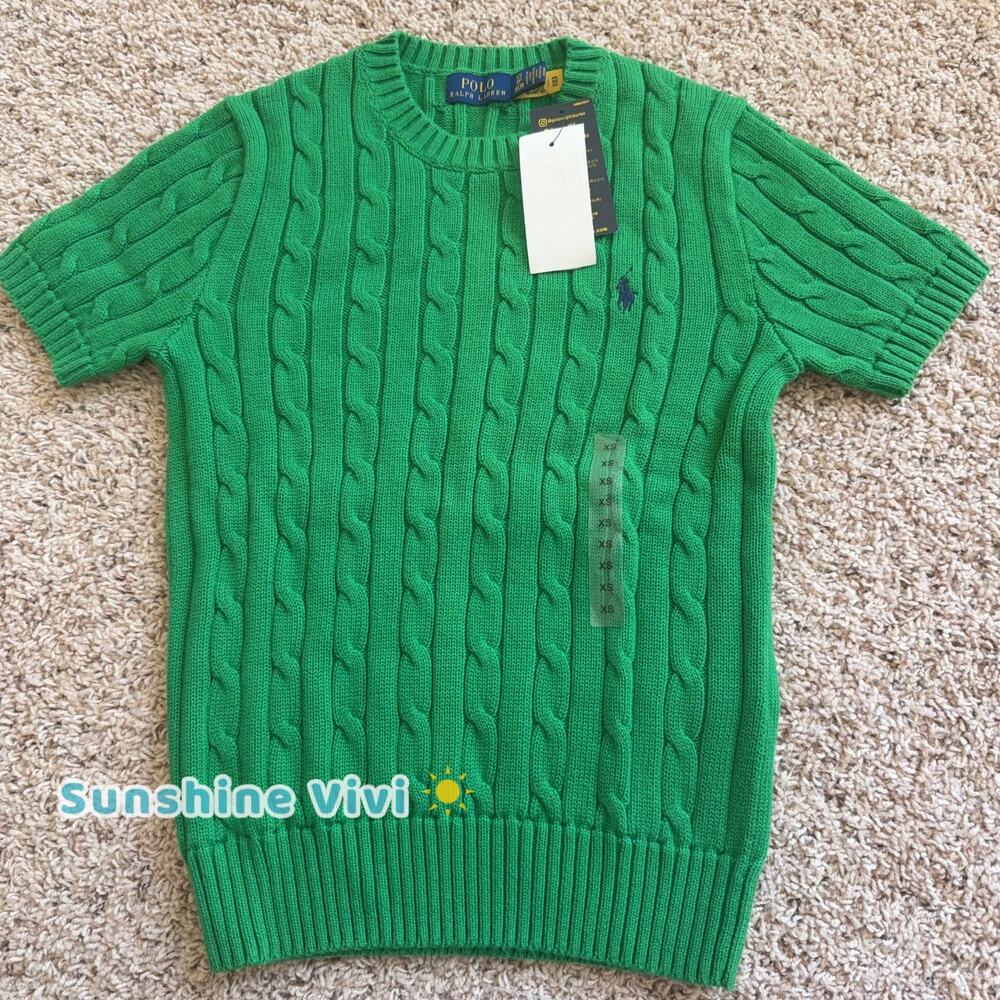 NWT Polo Ralph Lauren Woman Cotton Short-Sleeve Sweater Green mediu